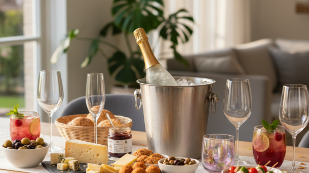 Feestelijk gedekte familietafel met champagne voor volwassenen en bruisende fruitdrank voor kinderen.