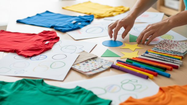 Kinderen kiezen aan een knutseltafel kleuren en eenvoudige vormen voor een bedrukt feestshirt.