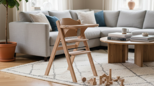 Gezinswoonkamer met een visgraatvloer, kinderstoel, speelkleed en houten blokken