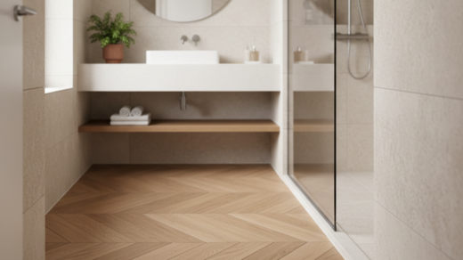 Pvc visgraatvloer bij de droge zone van een moderne badkamer met stenen wandtegels.