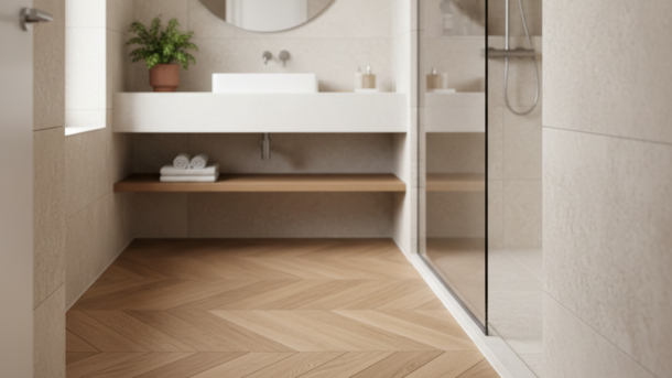 Pvc visgraatvloer bij de droge zone van een moderne badkamer met stenen wandtegels.